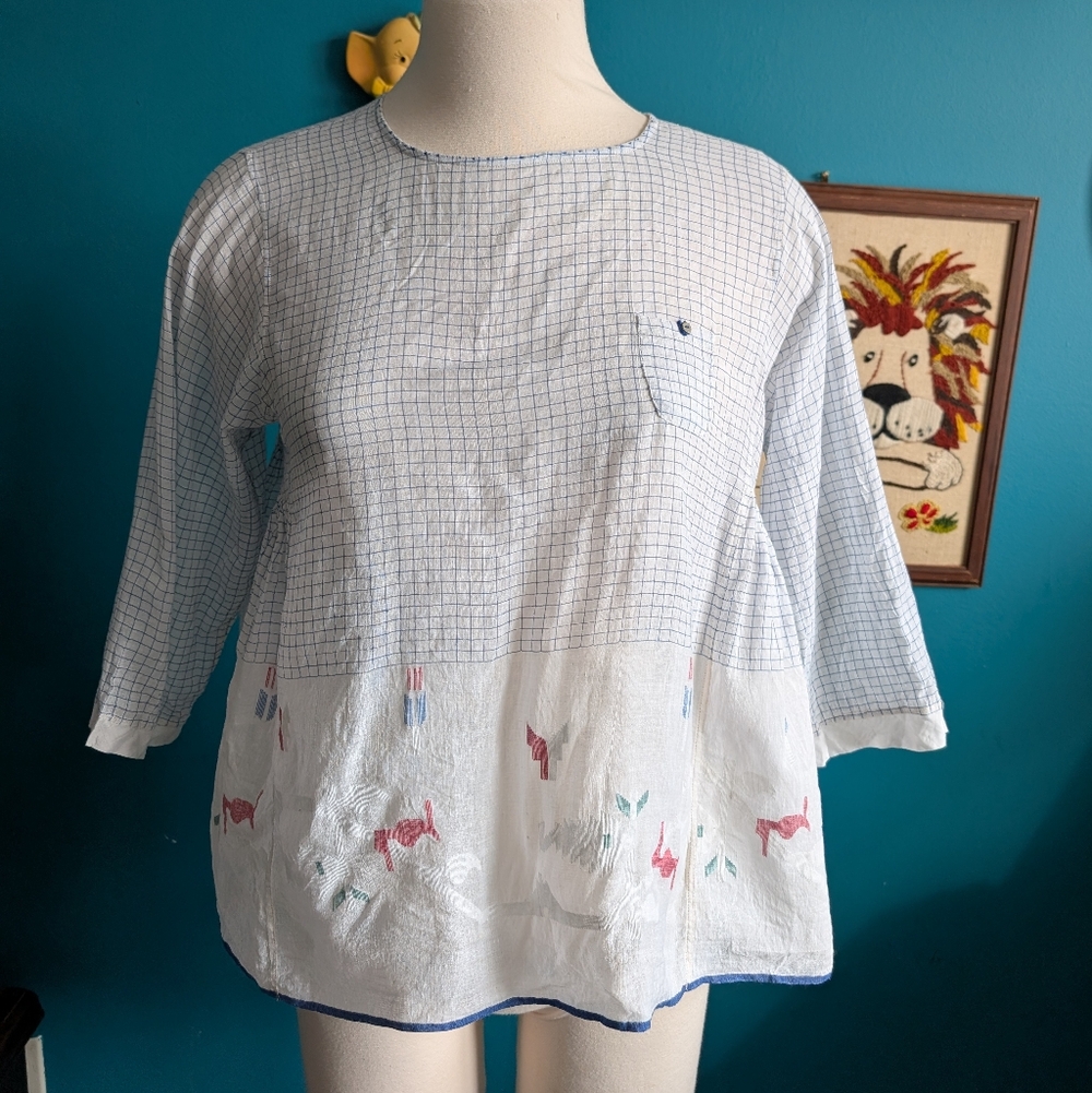 Injiri Tunic Top Button Back Cotton Hand Woven 3/4 Sleeves Button Back